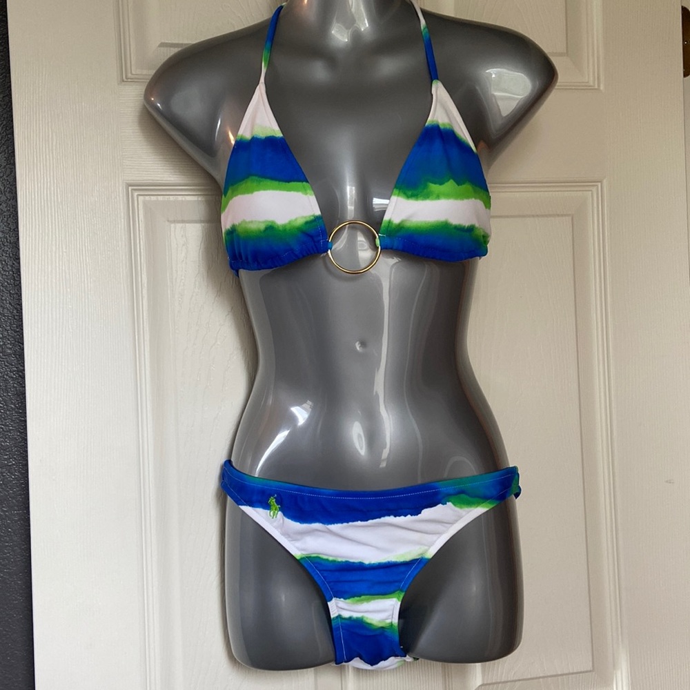 Ralph Lauren bikini tie-died in white, lime green, and cobalt blue. Size S